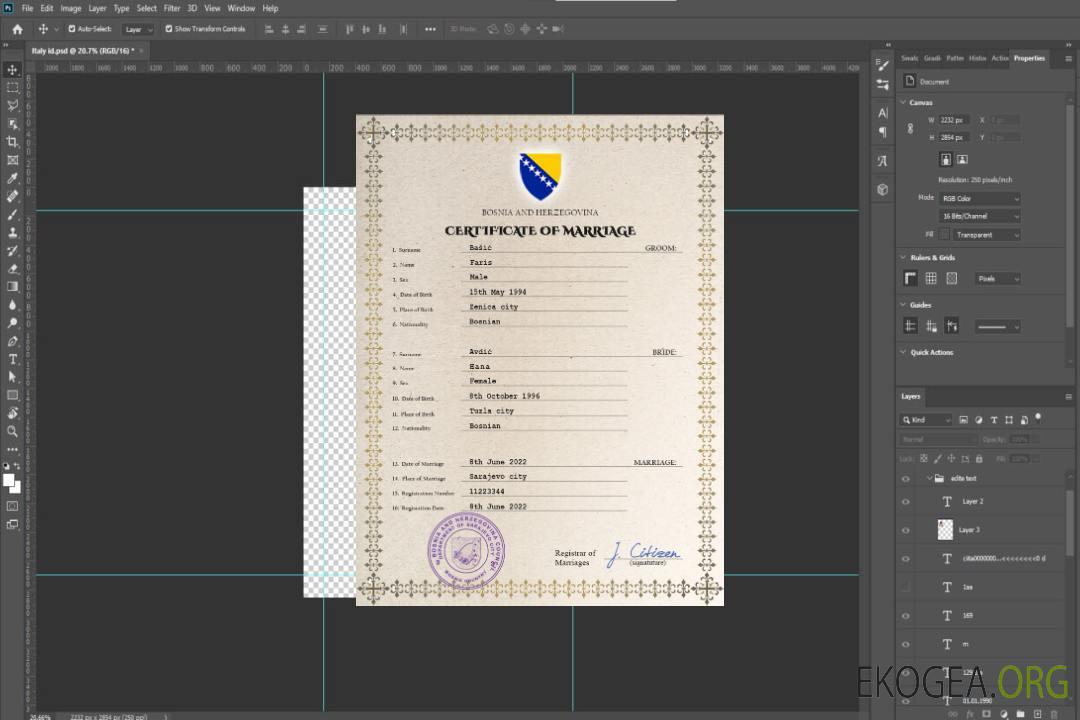 Modèle PSD de certificat de mariage de Bosnie-Herzégovine, template Modèle PSD de certificat de mariage de Bosnie-Herzégovine, template